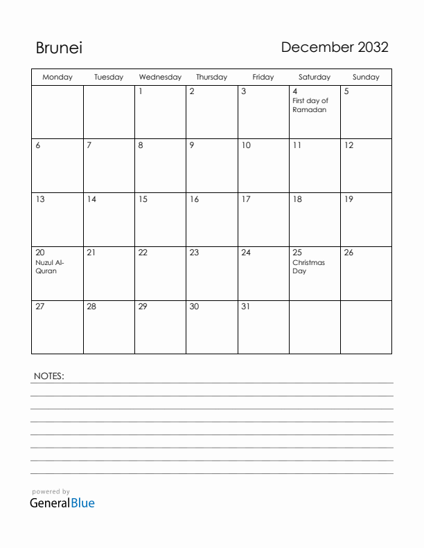 December 2032 Brunei Calendar with Holidays (Monday Start)