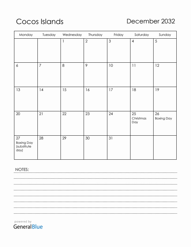 December 2032 Cocos Islands Calendar with Holidays (Monday Start)