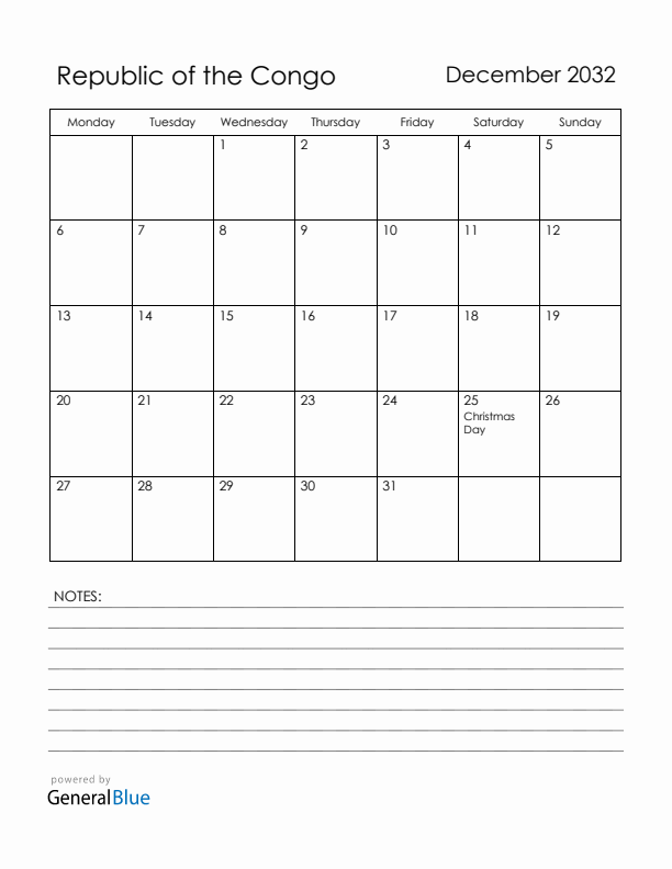 December 2032 Republic of the Congo Calendar with Holidays (Monday Start)