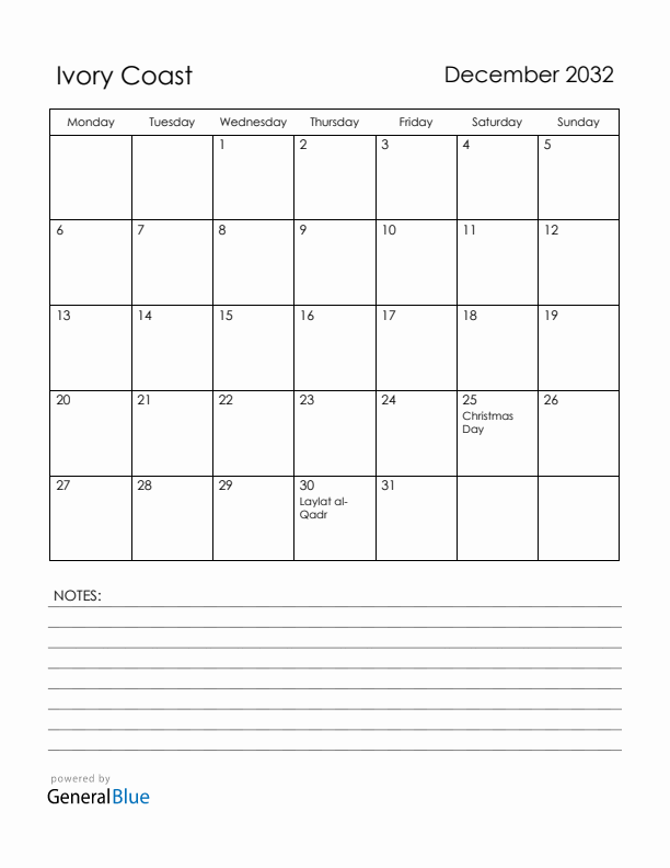 December 2032 Ivory Coast Calendar with Holidays (Monday Start)