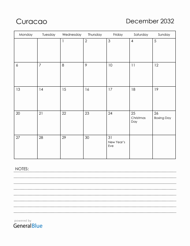 December 2032 Curacao Calendar with Holidays (Monday Start)