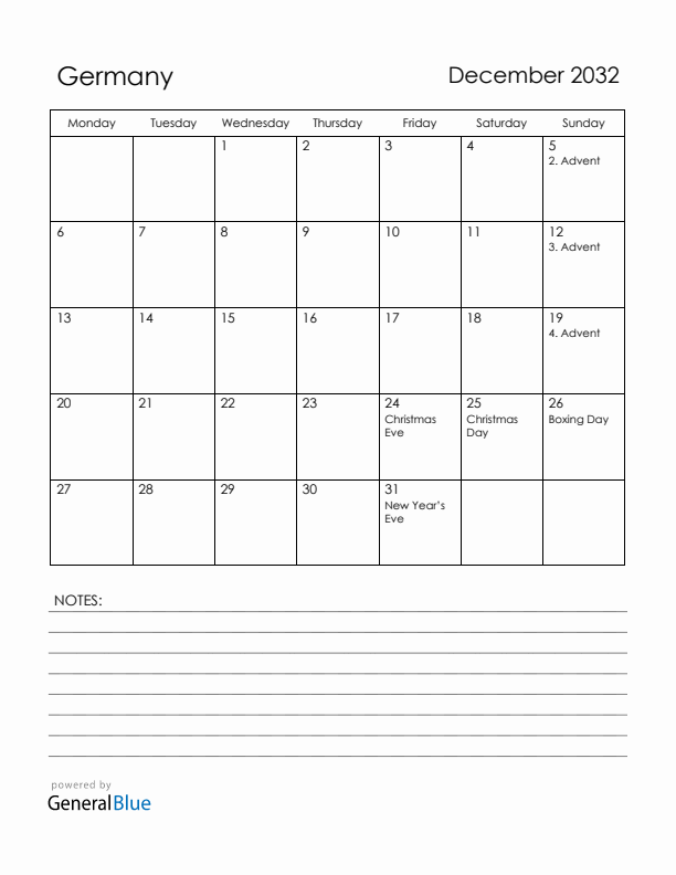 December 2032 Germany Calendar with Holidays (Monday Start)