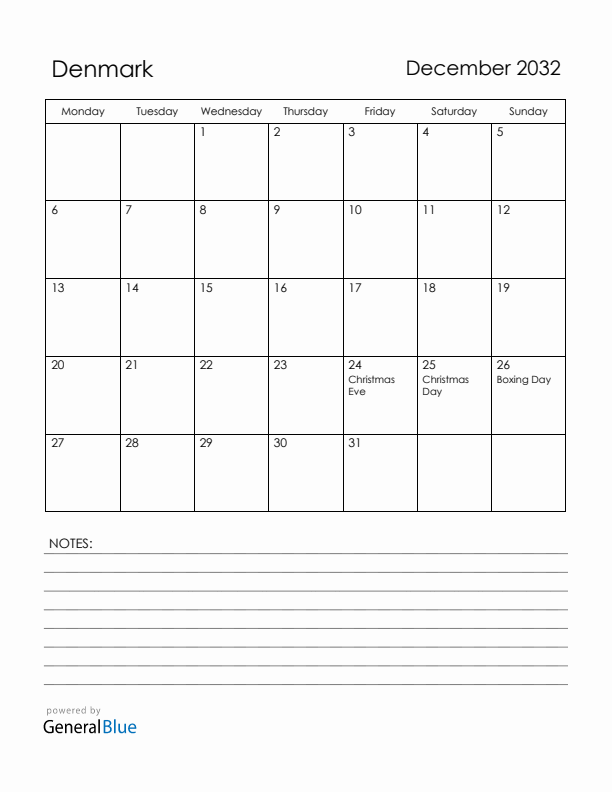 December 2032 Denmark Calendar with Holidays (Monday Start)
