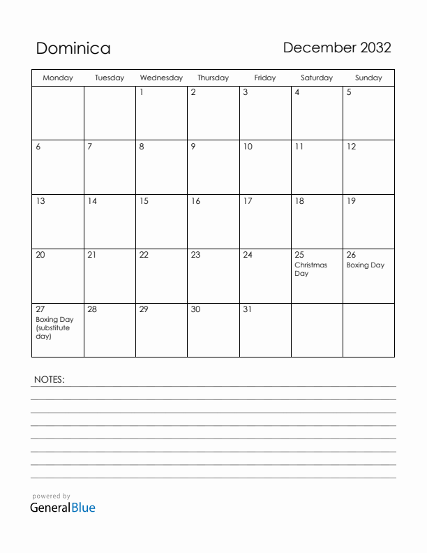December 2032 Dominica Calendar with Holidays (Monday Start)