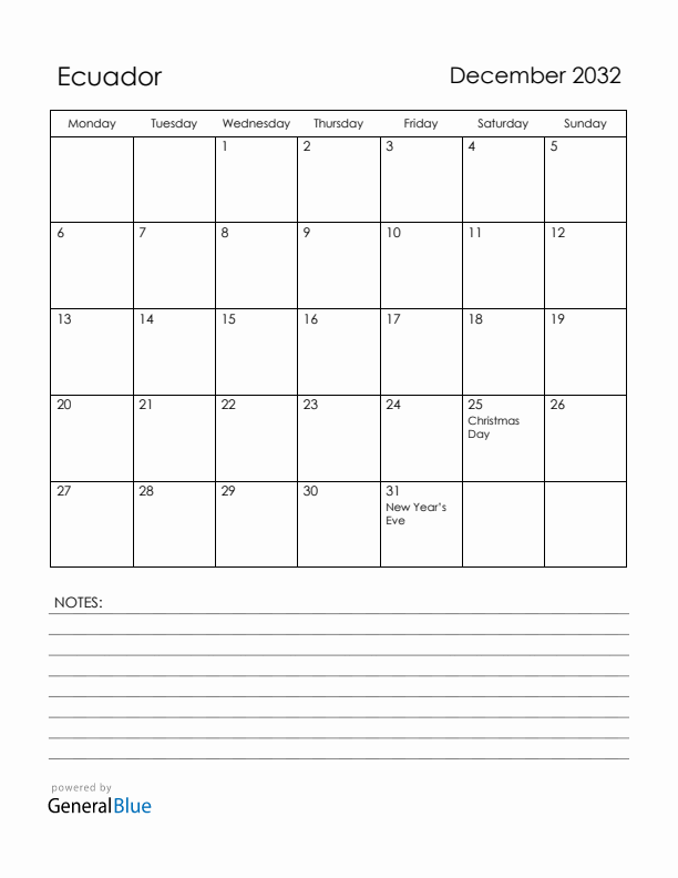 December 2032 Ecuador Calendar with Holidays (Monday Start)
