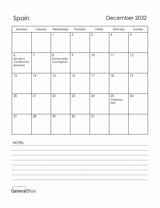 December 2032 Spain Calendar with Holidays (Monday Start)