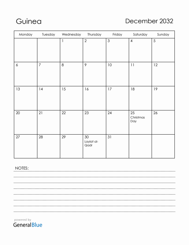 December 2032 Guinea Calendar with Holidays (Monday Start)
