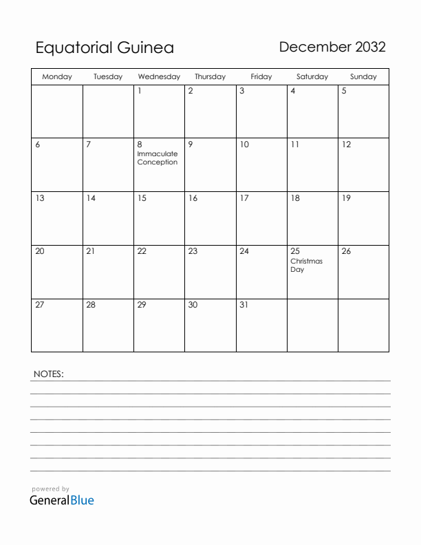 December 2032 Equatorial Guinea Calendar with Holidays (Monday Start)