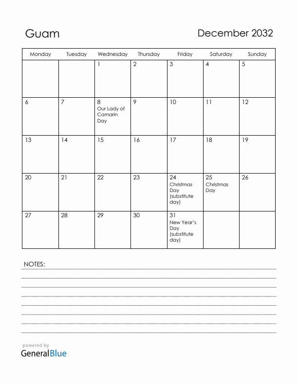December 2032 Guam Calendar with Holidays (Monday Start)