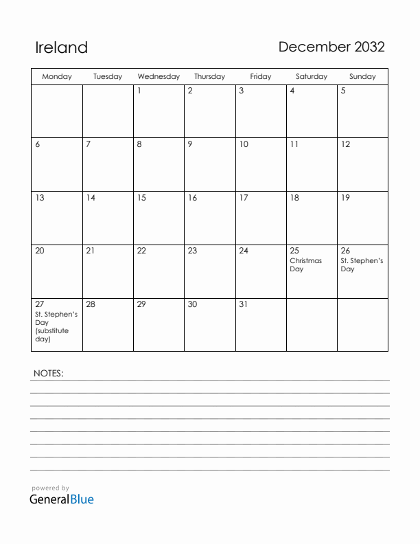 December 2032 Ireland Calendar with Holidays (Monday Start)