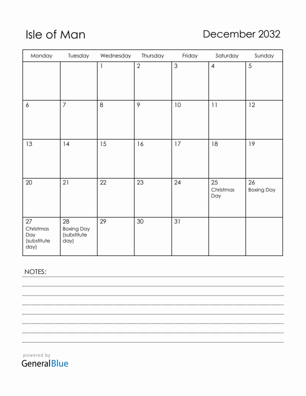 December 2032 Isle of Man Calendar with Holidays (Monday Start)