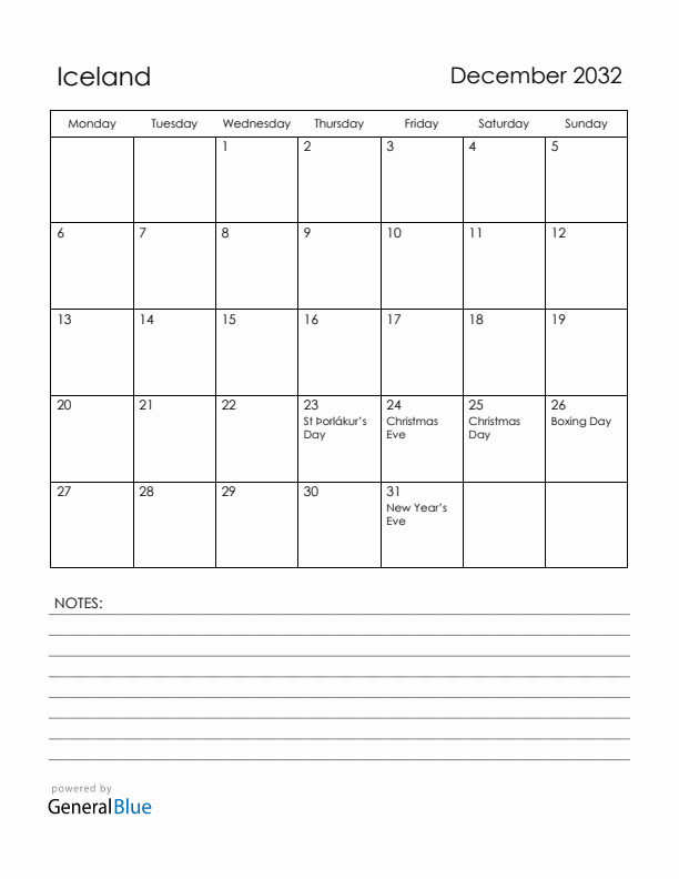 December 2032 Iceland Calendar with Holidays (Monday Start)