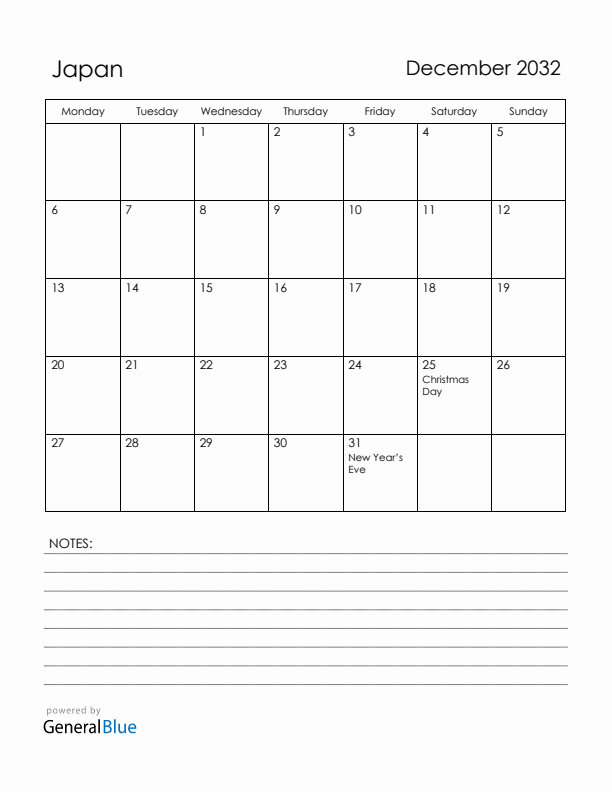 December 2032 Japan Calendar with Holidays (Monday Start)