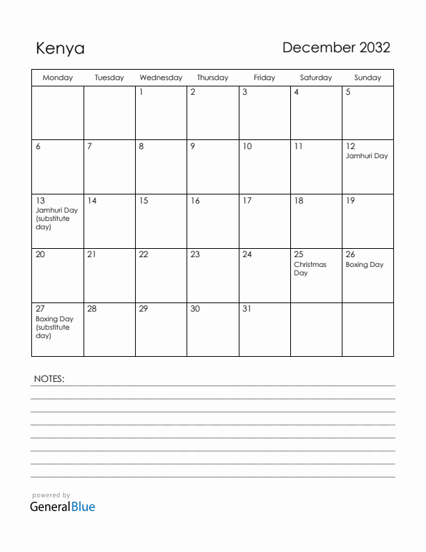 December 2032 Kenya Calendar with Holidays (Monday Start)