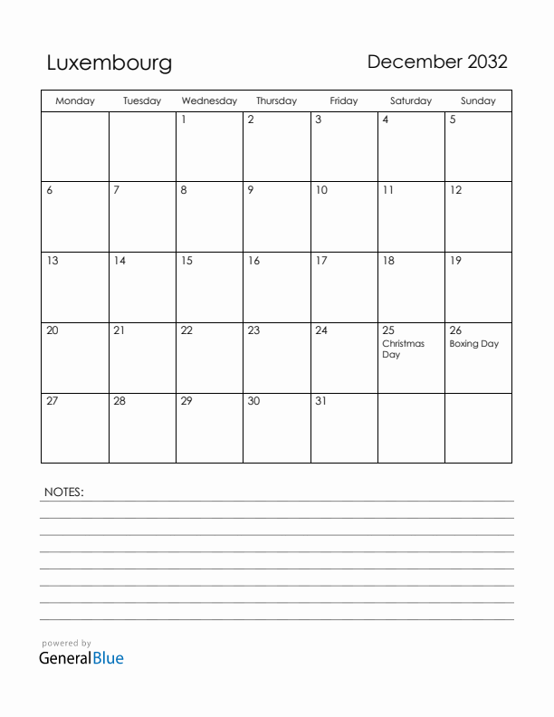 December 2032 Luxembourg Calendar with Holidays (Monday Start)