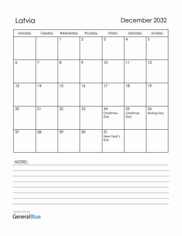 December 2032 Latvia Calendar with Holidays (Monday Start)