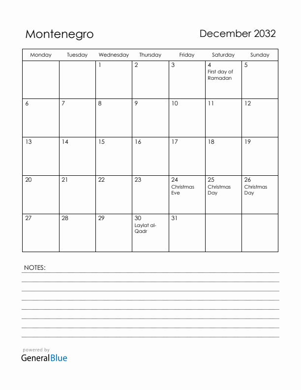 December 2032 Montenegro Calendar with Holidays (Monday Start)