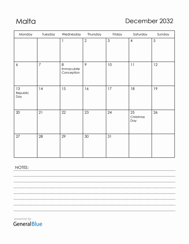 December 2032 Malta Calendar with Holidays (Monday Start)