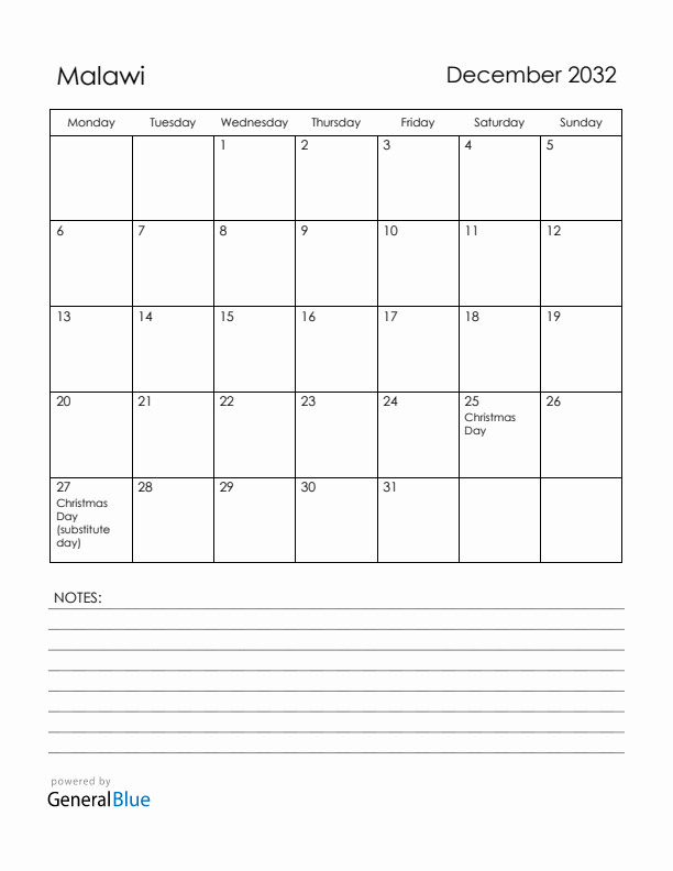 December 2032 Malawi Calendar with Holidays (Monday Start)