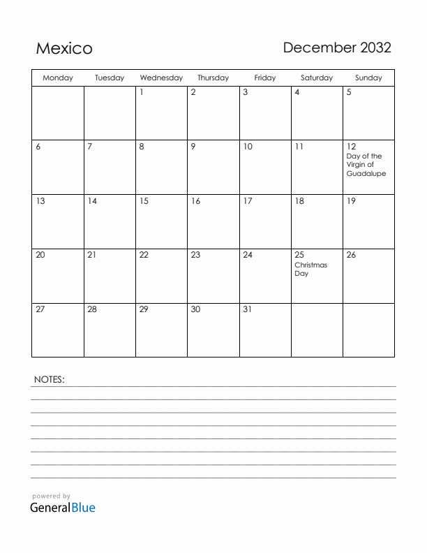 December 2032 Mexico Calendar with Holidays (Monday Start)