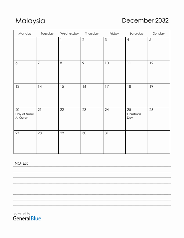 December 2032 Malaysia Calendar with Holidays (Monday Start)
