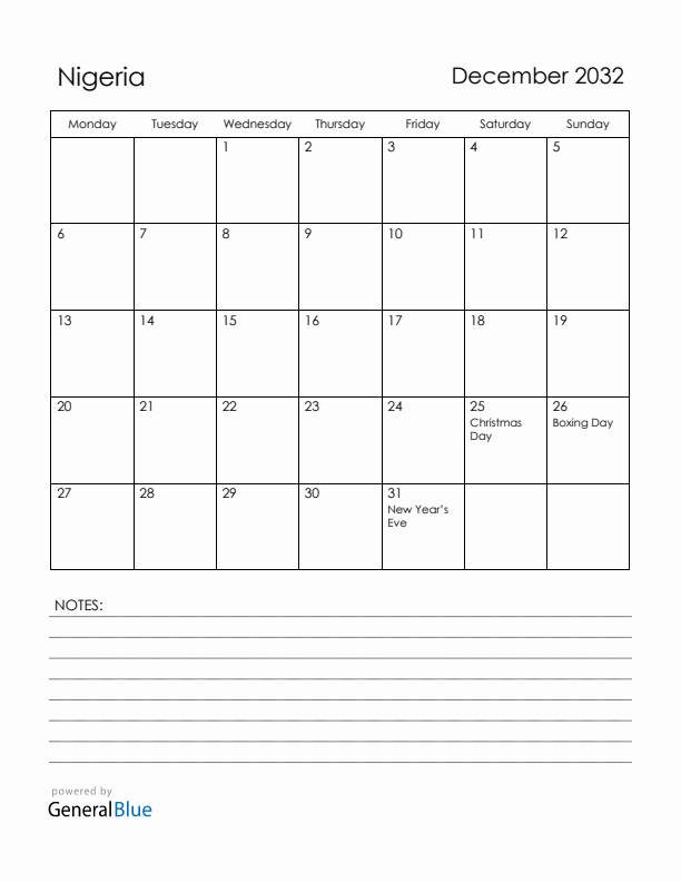 December 2032 Nigeria Calendar with Holidays (Monday Start)