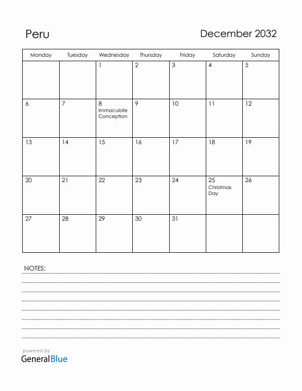 December 2032 Peru Calendar with Holidays (Monday Start)