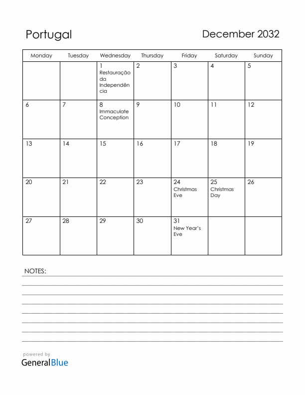 December 2032 Portugal Calendar with Holidays (Monday Start)