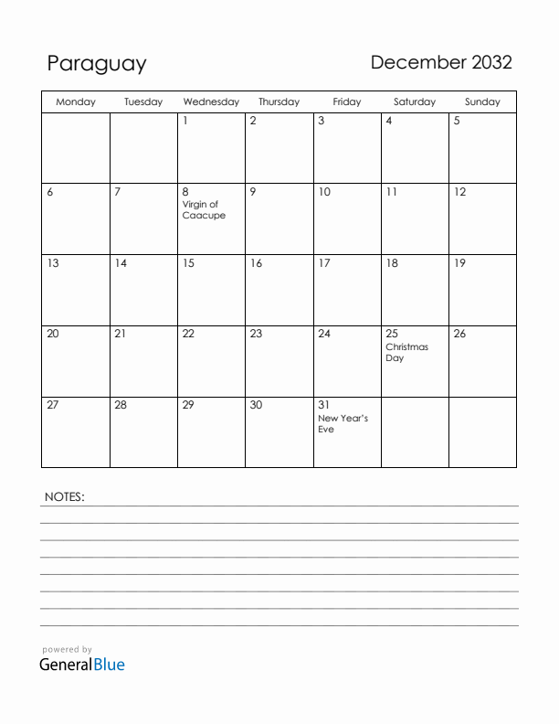 December 2032 Paraguay Calendar with Holidays (Monday Start)
