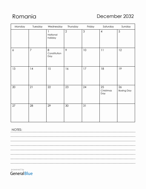 December 2032 Romania Calendar with Holidays (Monday Start)