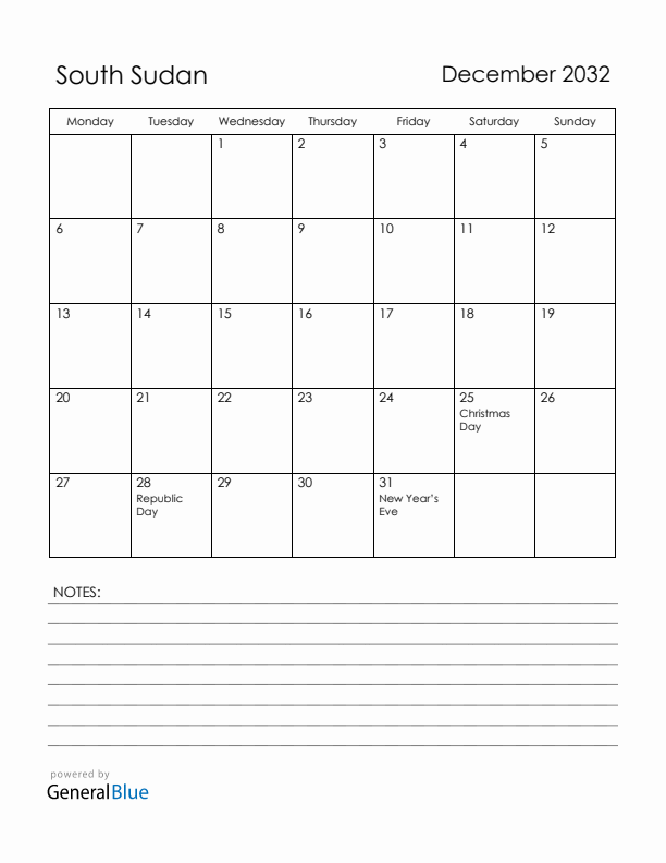 December 2032 South Sudan Calendar with Holidays (Monday Start)