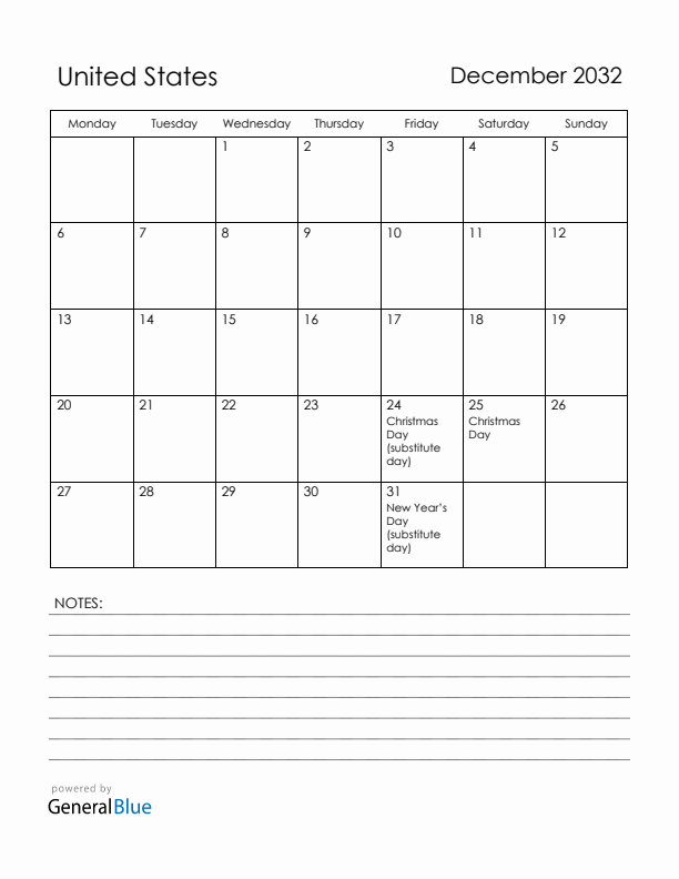 December 2032 United States Calendar with Holidays (Monday Start)