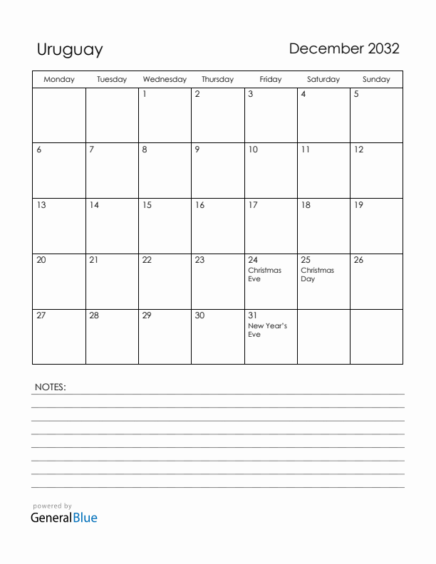 December 2032 Uruguay Calendar with Holidays (Monday Start)