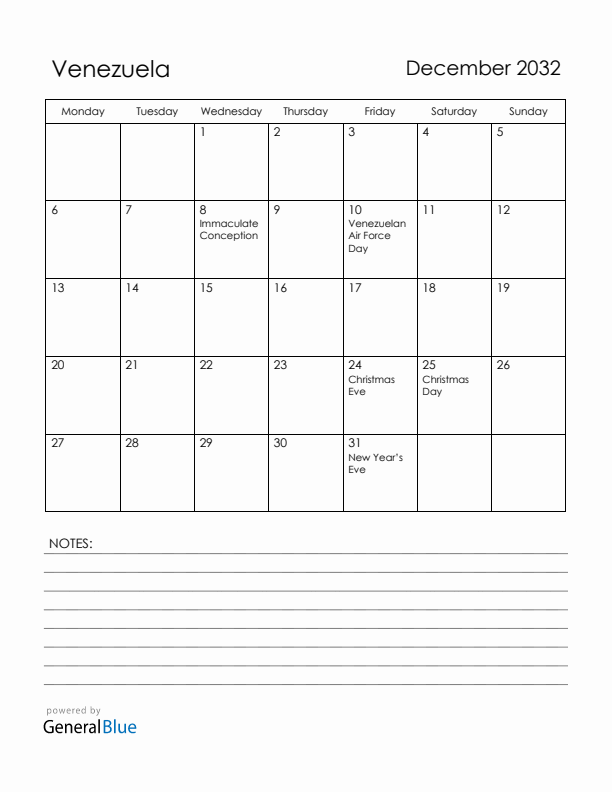 December 2032 Venezuela Calendar with Holidays (Monday Start)