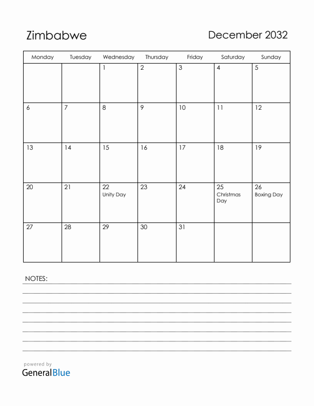 December 2032 Zimbabwe Calendar with Holidays (Monday Start)
