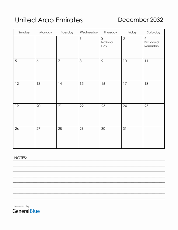 December 2032 United Arab Emirates Calendar with Holidays (Sunday Start)