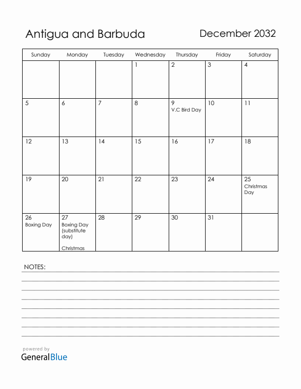 December 2032 Antigua and Barbuda Calendar with Holidays (Sunday Start)