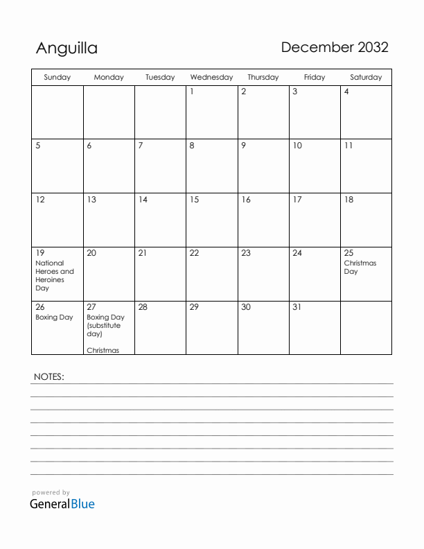 December 2032 Anguilla Calendar with Holidays (Sunday Start)