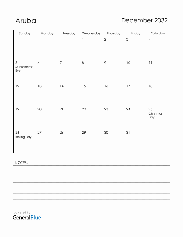 December 2032 Aruba Calendar with Holidays (Sunday Start)
