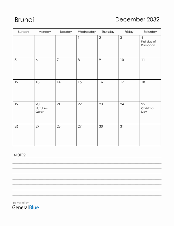 December 2032 Brunei Calendar with Holidays (Sunday Start)