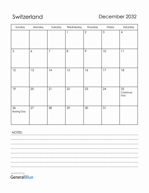 December 2032 Switzerland Calendar with Holidays (Sunday Start)