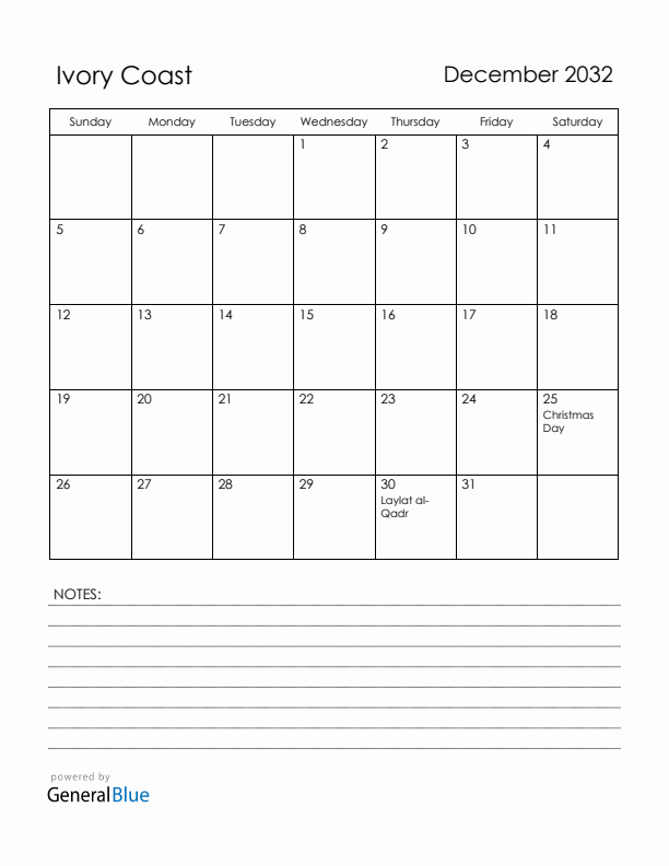 December 2032 Ivory Coast Calendar with Holidays (Sunday Start)
