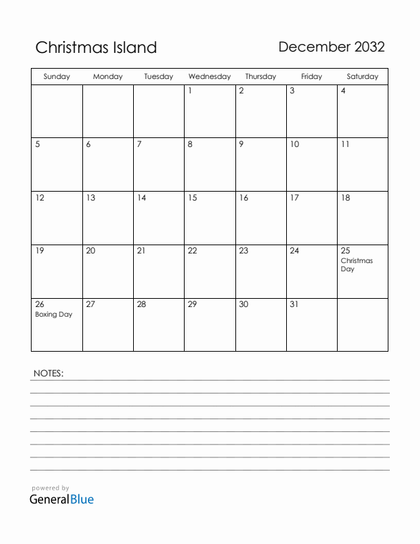 December 2032 Christmas Island Calendar with Holidays (Sunday Start)