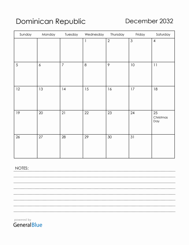 December 2032 Dominican Republic Calendar with Holidays (Sunday Start)