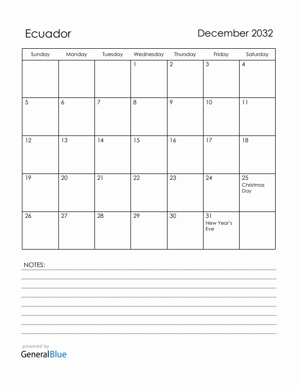 December 2032 Ecuador Calendar with Holidays (Sunday Start)