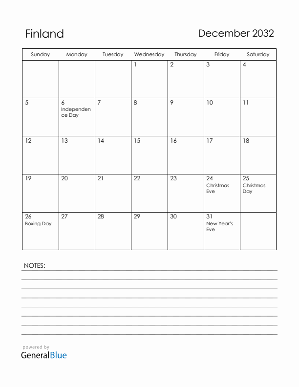 December 2032 Finland Calendar with Holidays (Sunday Start)