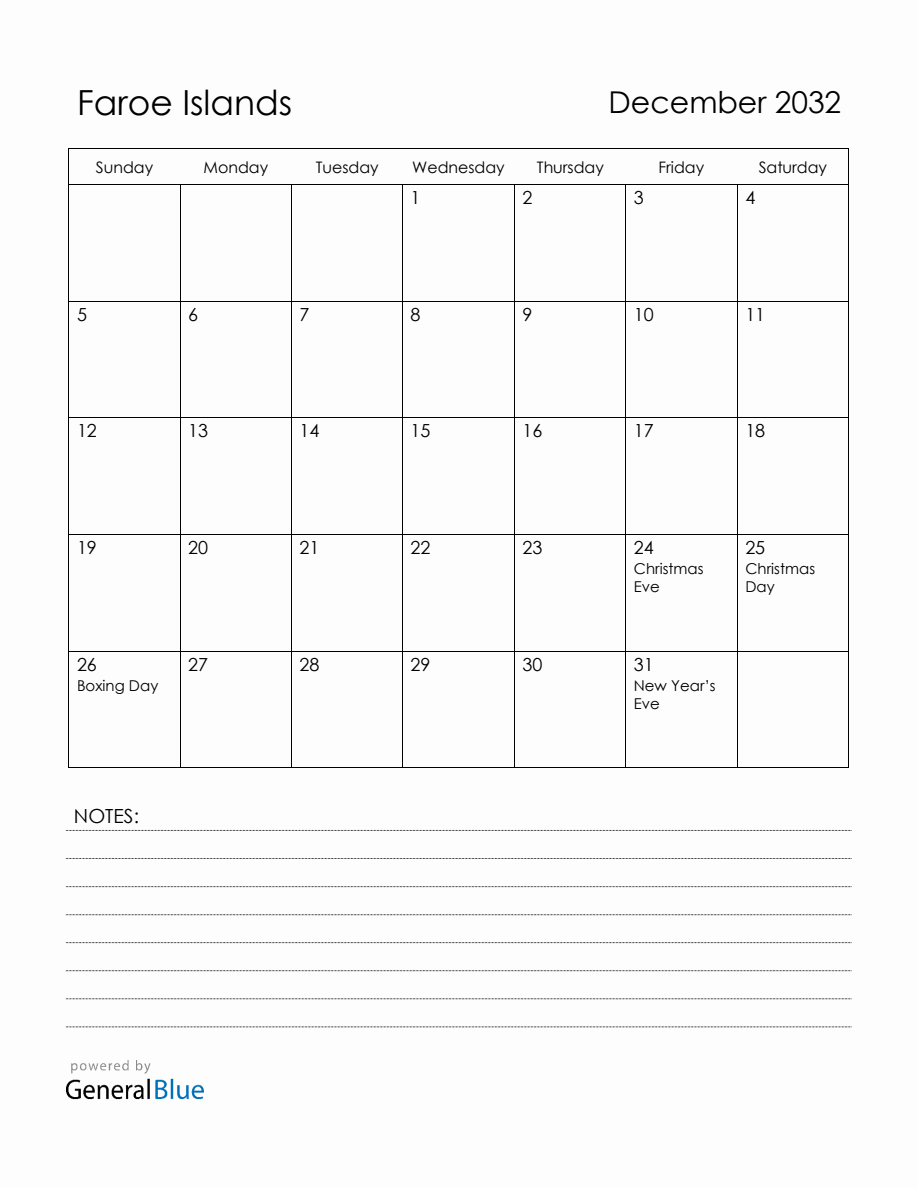 December 2032 Faroe Islands Calendar with Holidays