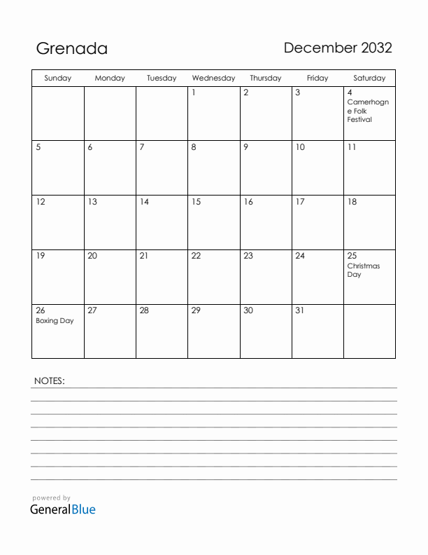 December 2032 Grenada Calendar with Holidays (Sunday Start)
