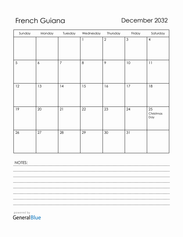 December 2032 French Guiana Calendar with Holidays (Sunday Start)