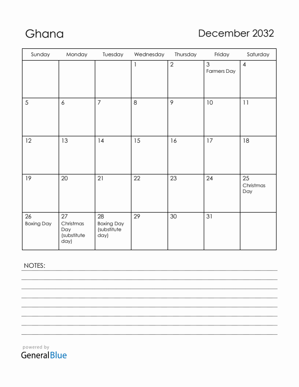 December 2032 Ghana Calendar with Holidays (Sunday Start)